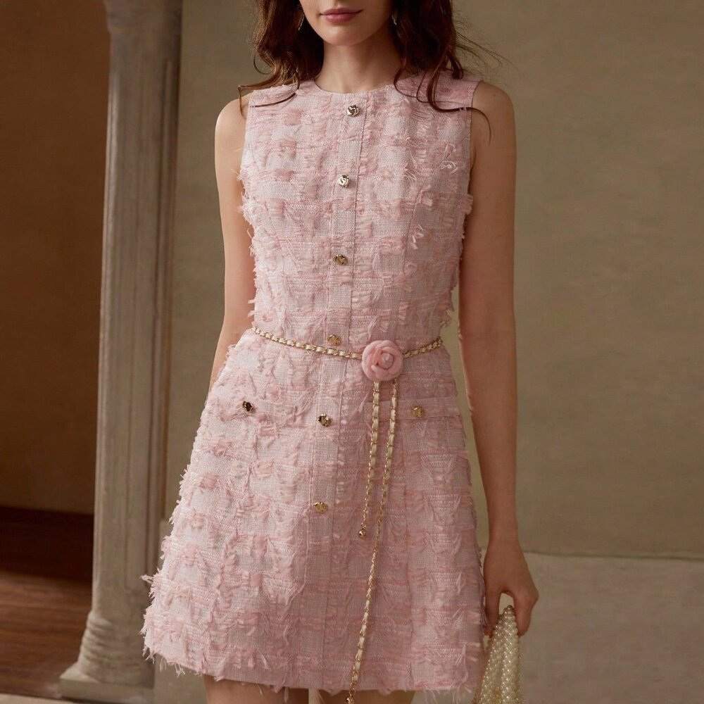 Pink Elegant Women's Tweed Button Up Dress